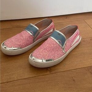 Pink Glitter Slip-On Sneakers with Silver Accents